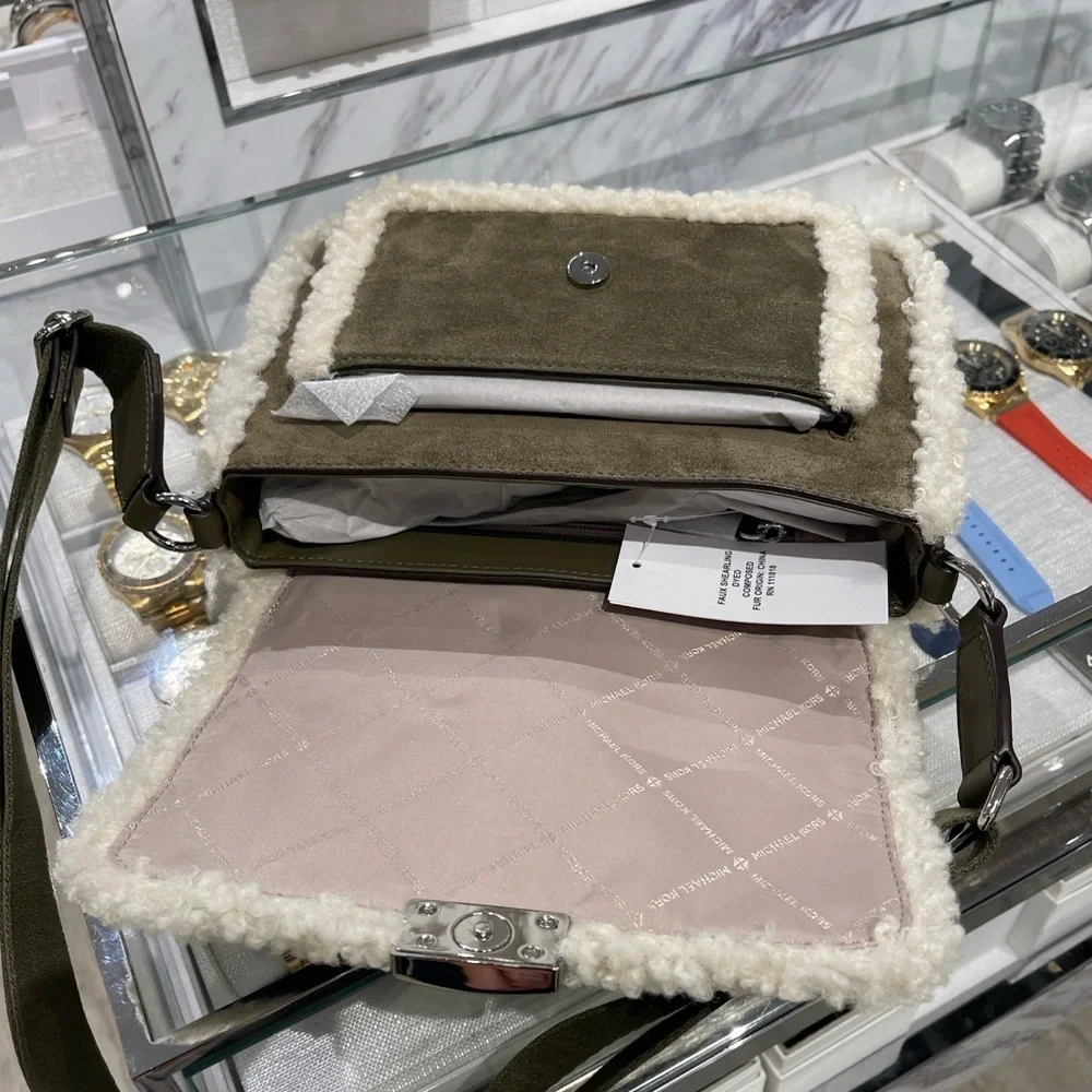 MICHAEL KORS Bradshaw Medium Suede and Faux Shearling Messenger Bag Olive  NWT
